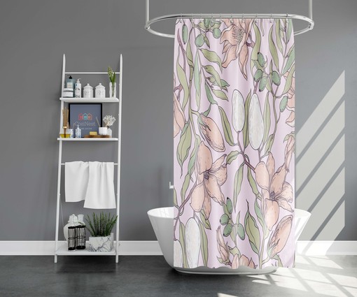 Purple Floral Shower Curtain, Customizable Size, Botanical Leaves and Pear Print - Image 2