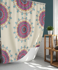 Purple Geometric Floral Shower Curtain | Mandala Line Flowers Fabric Bathroom Curtain Set | Boho Bath Decor