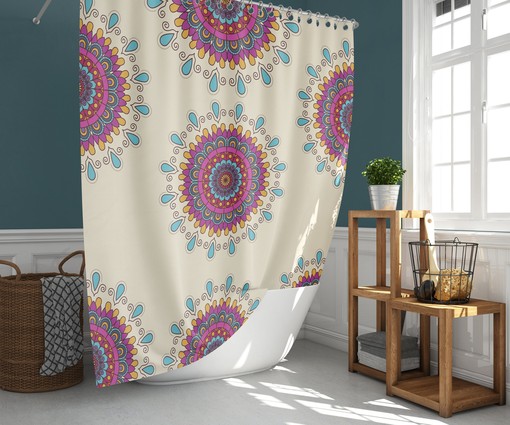Purple Geometric Floral Shower Curtain | Mandala Line Flowers Fabric Bathroom Curtain Set | Boho Bath Decor