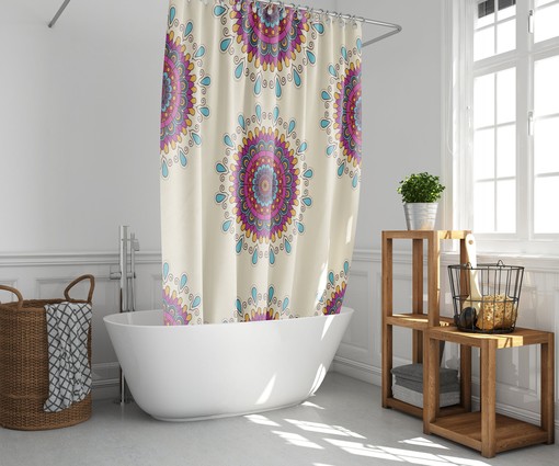 Purple Geometric Floral Shower Curtain | Mandala Line Flowers Fabric Bathroom Curtain Set | Boho Bath Decor - Image 2