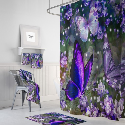 Purple Lavender Butterfly Shower Curtain and Optional Towels for Relaxing Bathroom Decor