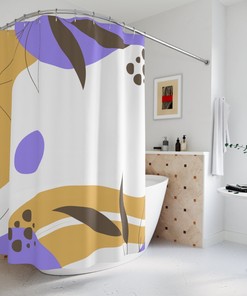 Purple Leaves and Sunset Abstract Art Shower Curtain, Tropical Contemporary Minimal Curtain Design