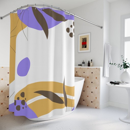 Purple Leaves and Sunset Abstract Art Shower Curtain, Tropical Contemporary Minimal Curtain Design