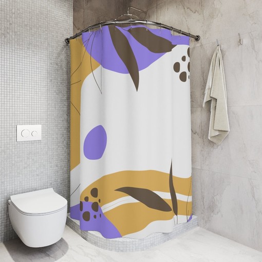Purple Leaves and Sunset Abstract Art Shower Curtain, Tropical Contemporary Minimal Curtain Design - Image 2