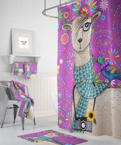 Purple Llama Shower Curtain with Southwestern Bath Accessories for Ethnic Bathroom Decor