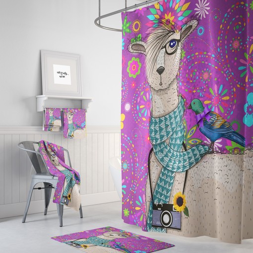 Purple Llama Shower Curtain with Southwestern Bath Accessories for Ethnic Bathroom Decor
