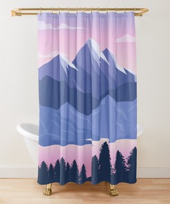 Purple Mountain Landscape Shower Curtain | Scenic Pink Fabric Bathroom Curtain and Mat