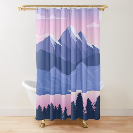 Purple Mountain Landscape Shower Curtain | Scenic Pink Fabric Bathroom Curtain and Mat