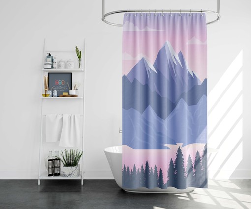 Purple Mountain Landscape Shower Curtain | Scenic Pink Fabric Bathroom Curtain and Mat - Image 2