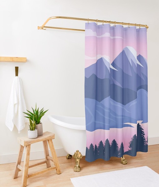 Purple Mountain Landscape Shower Curtain | Scenic Pink Fabric Bathroom Curtain and Mat - Image 3