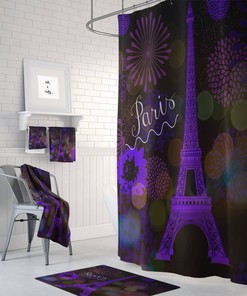 Purple Paris Shower Curtain with Eiffel Tower Bath Accessories for Chic Bathroom Decor