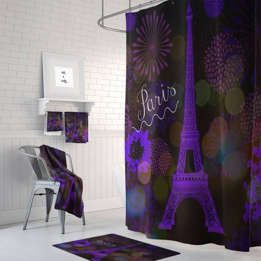 Purple Paris Shower Curtain with Eiffel Tower Bath Accessories for Chic Bathroom Decor
