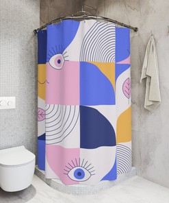 Purple Retro Shapes Shower Curtain | Vibrant Contemporary Design | Unique Restroom Shower Curtains