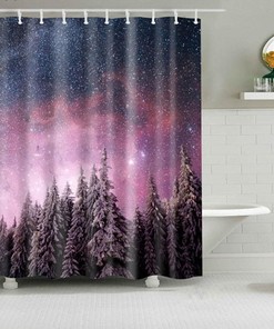 Purple Starry Night Landscape Shower Curtain | Nature Tree Print | Fabric Bathroom Decor