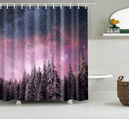 Purple Starry Night Landscape Shower Curtain | Nature Tree Print | Fabric Bathroom Decor