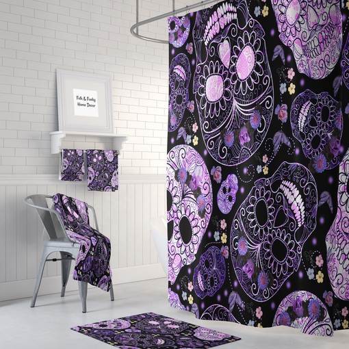 Purple Sugar Skull Shower Curtain with Gothic Bathroom Decor for Edgy Style