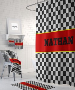 Racing Checks Shower Curtain Set with Race Car Bath Items for Playful Bathroom Decor