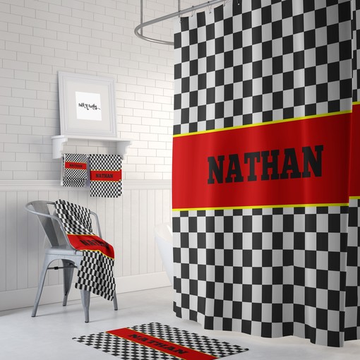 Racing Checks Shower Curtain Set with Race Car Bath Items for Playful Bathroom Decor