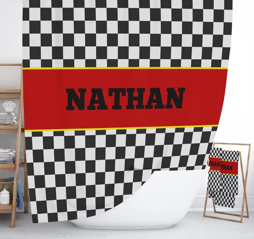 Racing Checks Shower Curtain Set with Race Car Bath Items for Playful Bathroom Decor - Image 2