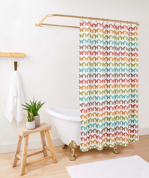 Rainbow Butterfly Luxury Shower Curtain | Colorful Pattern Fabric Bathroom Curtain and Mat - Image 3
