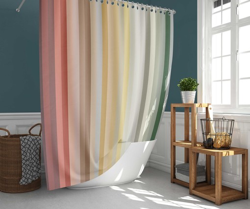 Rainbow Retro Shower Curtain, Mid-century Vintage Graphic Fabric Bathroom Curtain & Mat, Unique Tub Accessory