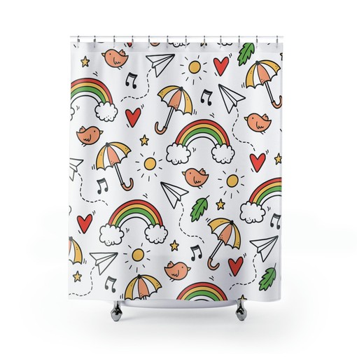 Rainbow Umbrella Cute Shower Curtain - Add a Pop of Color to Your Bath - Image 2