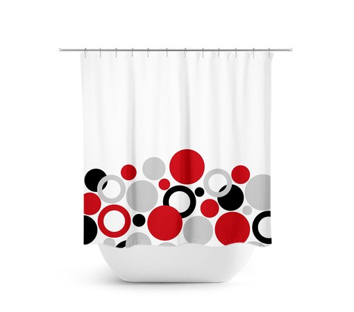 Red Black Gray Geometric Shower Curtain, Polka Dot Bath Curtain, Contemporary Bathroom Decor