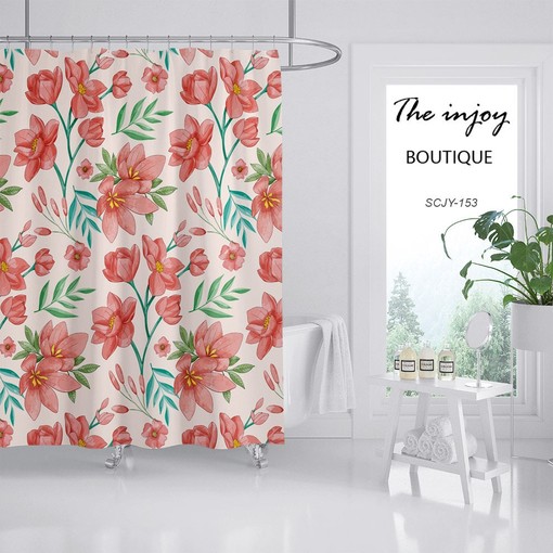 Red Boho Floral Flowers Shower Curtain with Customizable Sizes, Perfect for a Bold and Bright Boho Style - Image 2