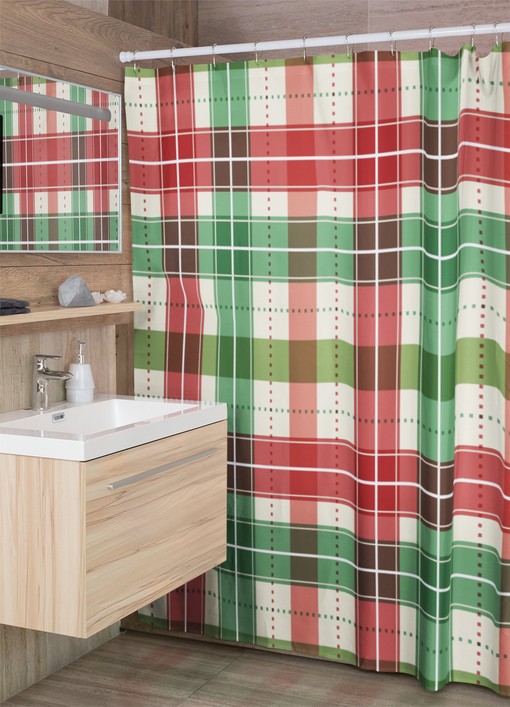 Red Buffalo Plaid Christmas Shower Curtain, Retro Festive Bathroom Decor