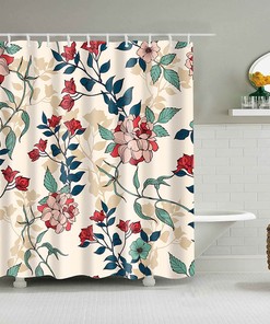 Red Dahlia Floral Shower Curtain | Chrysanthemum Peony Flowers | Fabric Bathroom Curtain | Vintage Print