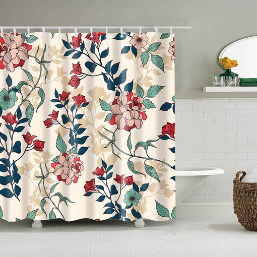 Red Dahlia Floral Shower Curtain | Chrysanthemum Peony Flowers | Fabric Bathroom Curtain | Vintage Print