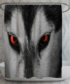 Red Eyed Wolf Shower Curtain | Grey Husky Wolf Bath Decor | Majestic Photographic Curtains