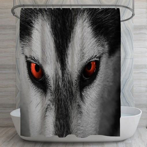 Red Eyed Wolf Shower Curtain | Grey Husky Wolf Bath Decor | Majestic Photographic Curtains