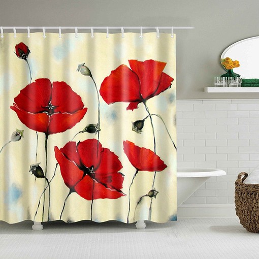 Red Poppy Floral Shower Curtain, Customizable Size, Beautiful Spring Garden Fabric Bath Curtain