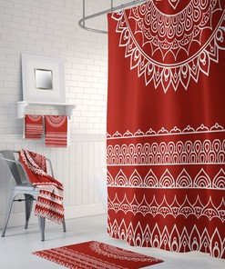 Red Southwestern Boho Shower Curtain / Optional Towels and Bath Mat / Unique Bohemian Print / Eclectic Bathroom Decor