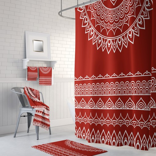 Red Southwestern Boho Shower Curtain / Optional Towels and Bath Mat / Unique Bohemian Print / Eclectic Bathroom Decor