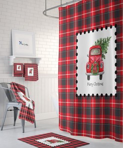 Red Truck Christmas Shower Curtain Set with Plaid Holiday Bathroom Decor for Traditional Charm