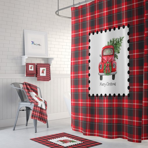 Red Truck Christmas Shower Curtain Set with Plaid Holiday Bathroom Decor for Traditional Charm