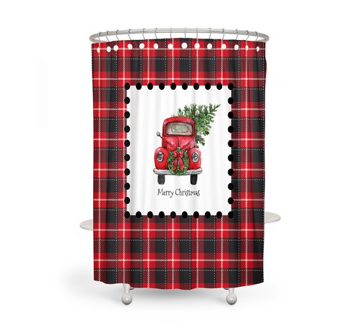 Red Truck Christmas Shower Curtain Set with Plaid Holiday Bathroom Decor for Traditional Charm - Image 2
