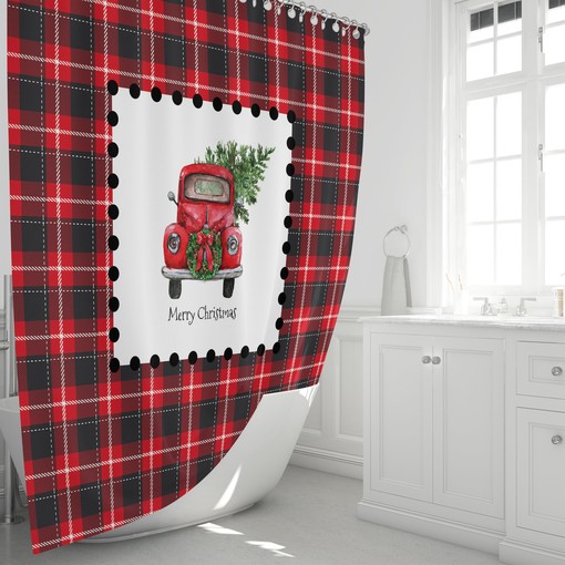 Red Truck Christmas Shower Curtain Set with Plaid Holiday Bathroom Decor for Traditional Charm - Image 3