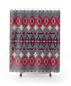 Red and Gray Bathroom Decor with Tribal Ethnic Print Boho Shower Curtain
