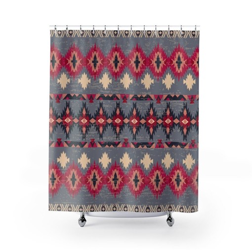 Red and Gray Bathroom Decor with Tribal Ethnic Print Boho Shower Curtain