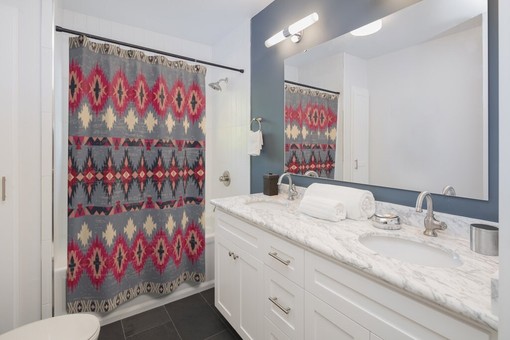 Red and Gray Bathroom Decor with Tribal Ethnic Print Boho Shower Curtain - Image 2
