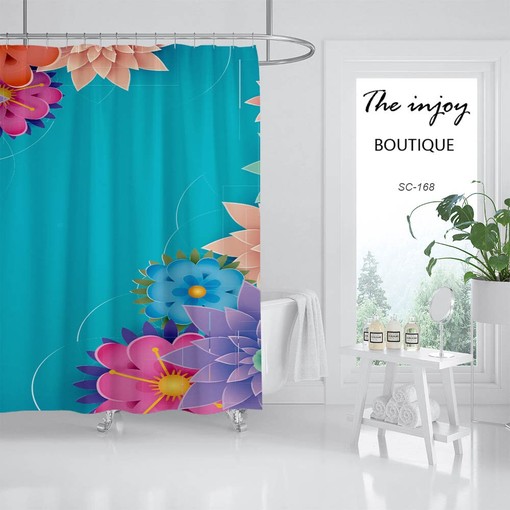 Refresh Your Bathroom Decor with Vintage Blue Flower Shower Curtain, Washable and Customizable with Hooks - Image 2
