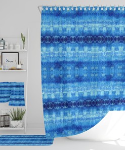 Restroom Shower Curtains Blue Shibori Boho Shower Curtain with Optional Bath Mat and Towels