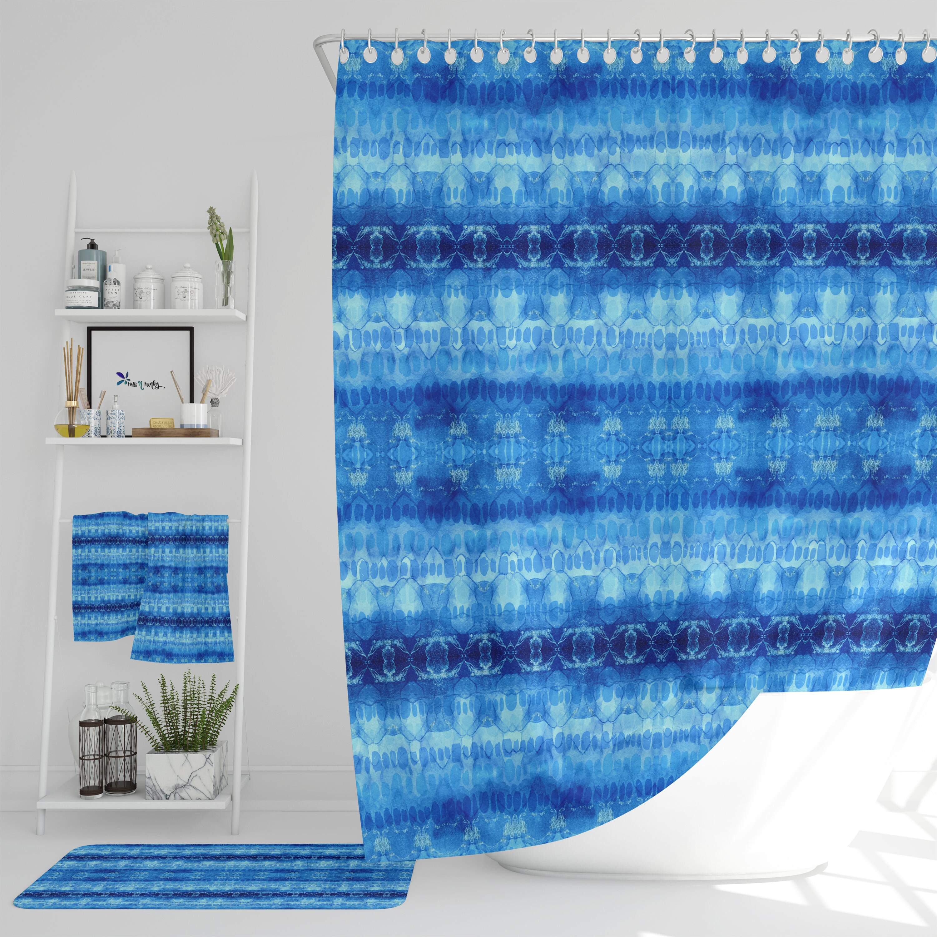 Restroom Shower Curtains Blue Shibori Boho Shower Curtain with Optional Bath Mat and Towels