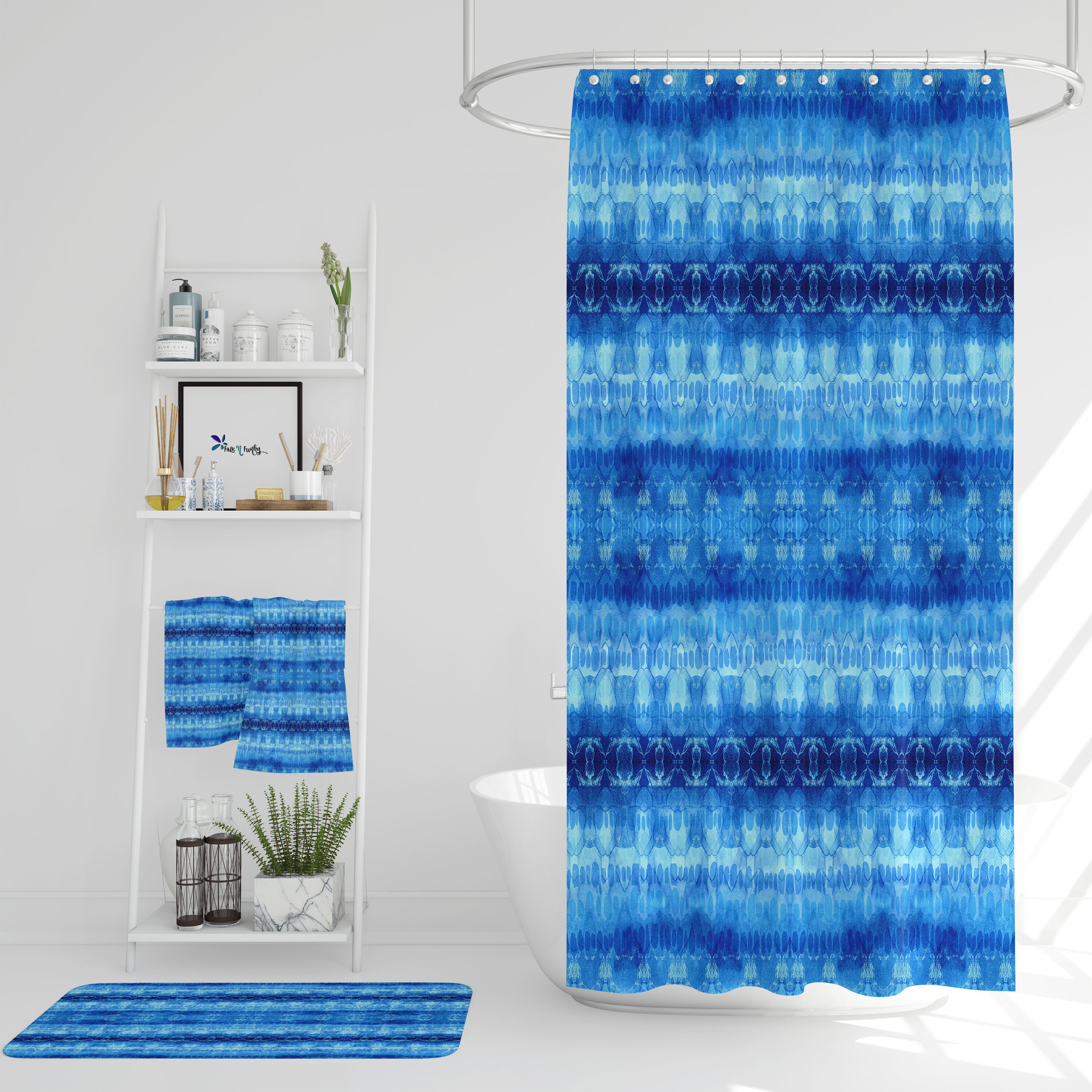 Restroom Shower Curtains Blue Shibori Boho Shower Curtain with Optional Bath Mat and Towels - Image 2