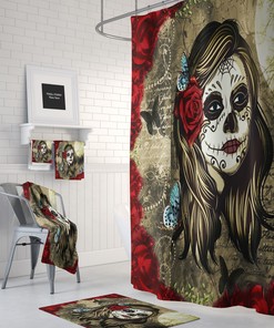 Restroom Shower Curtains Decorative: Sugar Skull Red Rose La Rosa Bath Set for Day Of The Dead Bathroom Decor