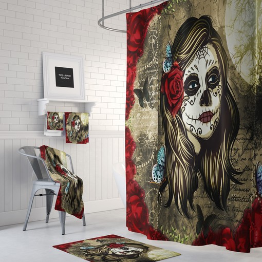 Restroom Shower Curtains Decorative: Sugar Skull Red Rose La Rosa Bath Set for Day Of The Dead Bathroom Decor