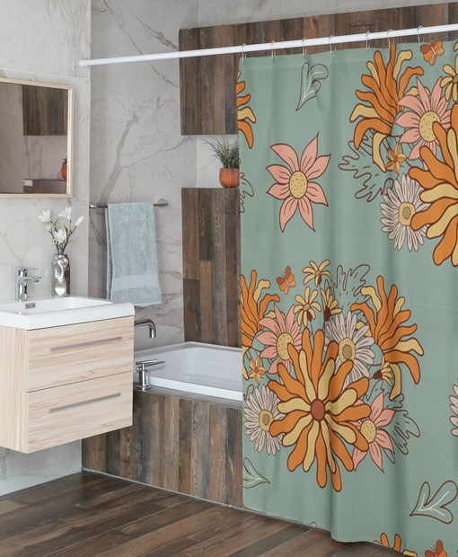 Retro 60's 70's Flower Shower Curtain - Hippie Bathroom Accessory with Bohemian Touch